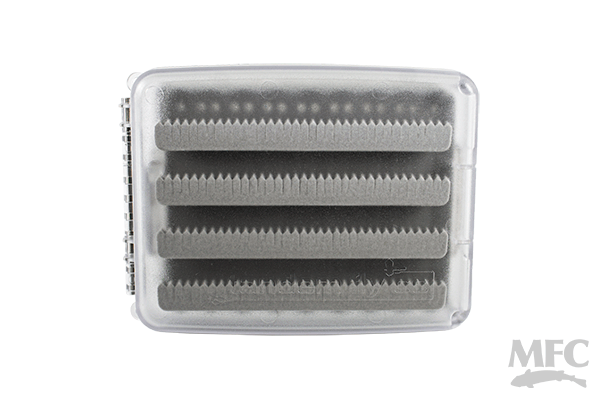 TFC Tandem Dropper Rig Fly Box with translucent lid and four rows of foam inserts designed to securely hold fishing tackle for organized storage.