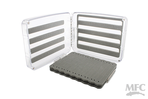 TFC Tandem Dropper Rig Fly Box with a clear plastic case and gray foam inserts designed to securely hold fishing tackle such as flies and lures for organized storage.