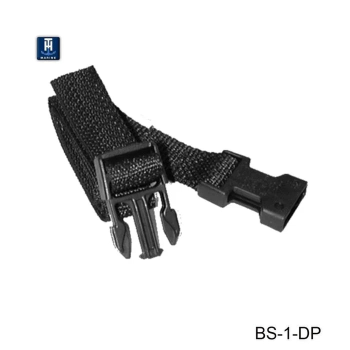Black adjustable TH Marine Battery Holder Replacement Strap with plastic buckle, designed to secure marine batteries and accessories for fishing tackle and marine electronics.