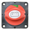 Black square marine battery switch with a large red dial featuring a battery symbol, designed for easy power control, labeled TH Marine Battery Switch (1 Battery) BE-EL-30605-DP.