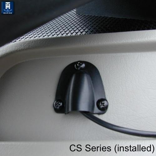 TH Marine Clam Shells black plastic cable wire pass-through mounted on a light-colored surface, designed for marine electronics cable management.