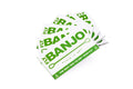 Stack of white and green packaging cards for The Fly Banjo, a fishing tackle product designed to dry flies, shown in a fanned arrangement on a white background.