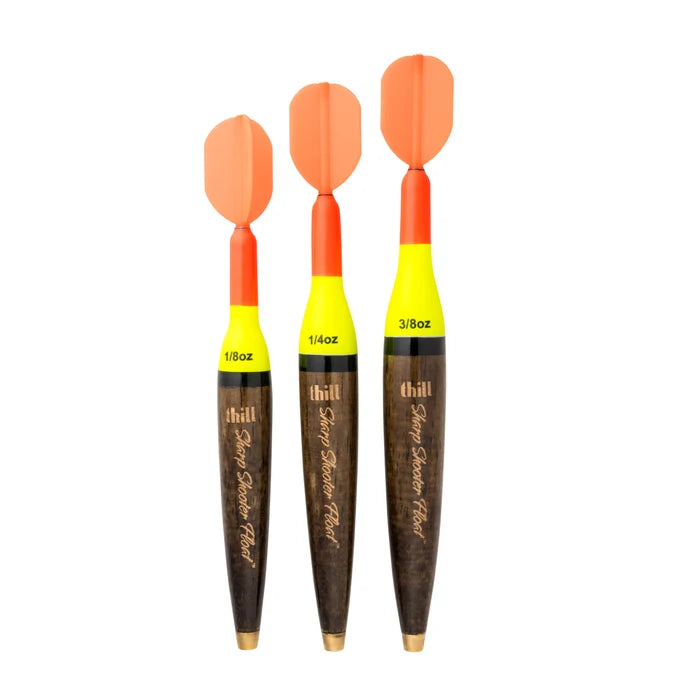 Three Thill Sharp Shooter Floats in small, medium, and large sizes with bright orange tops and yellow bands, designed for precise fishing tackle use.