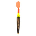 Thill Sharp Shooter Floats fishing float with a tapered wooden body, bright yellow and orange color sections for visibility, and an orange fin at the top for stability in water.