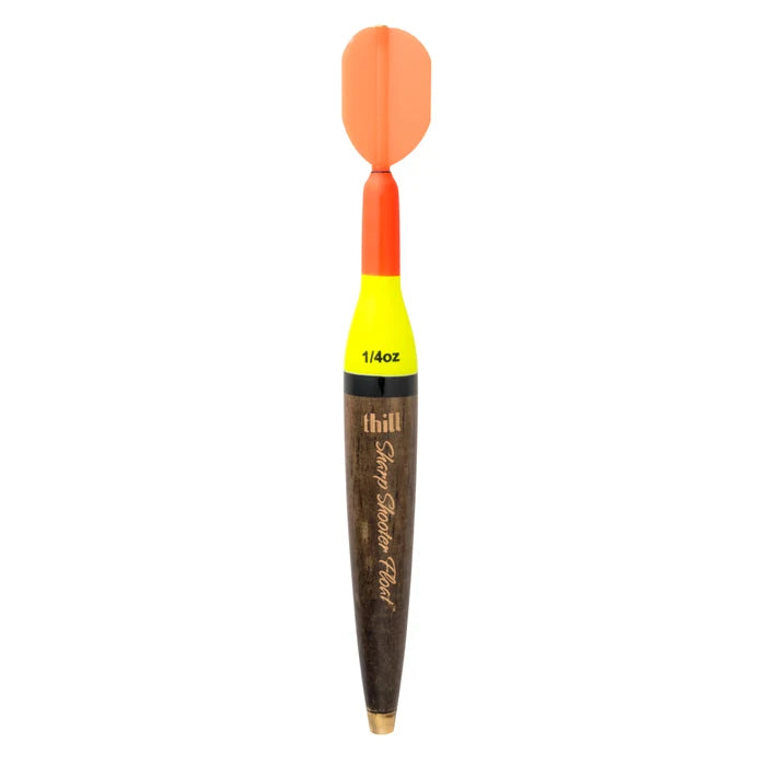 Thill Sharp Shooter Floats fishing tackle float with bright orange and yellow colors, wooden body, and aerodynamic design for improved visibility and performance.