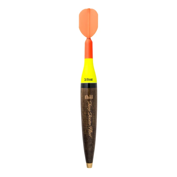 Thill Sharp Shooter Floats fishing tackle featuring a vibrant orange and yellow float with a dark wood-grain body designed for visibility and stability on the water.