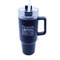 Thorne Bros. 40oz. Logo Mug w/Handle in black with clear lid and straw, featuring white Thorne Bros. logo and fish graphic, designed for outdoor or fishing use.