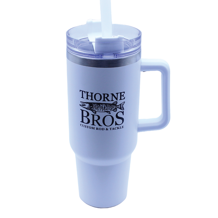 White insulated tumbler with handle and clear plastic lid, featuring black Thorne Bros. 40oz. Logo Mug w/Handle text and fish design, designed for fishing enthusiasts.
