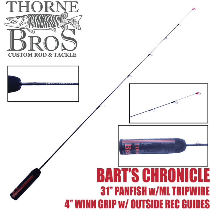 Thorne Bros Custom Ice Rod - Crappie Chronicles "Bart" shown with a 31-inch black rod featuring a 4-inch Winn grip, outside reel guides, and red accents designed for panfish fishing.