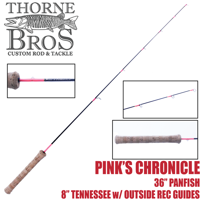 Thorne Bros Custom Ice Rod - Crappie Chronicles "Pink's Chronicle" features a 36-inch panfish rod with a pink and navy blue blank, cork handle, and eight outside reel guides designed for ice fishing.