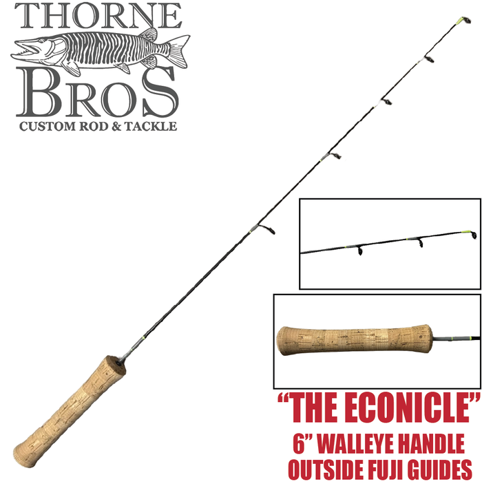 Thorne Bros Custom Ice Rod - Crappie Chronicles "The Econicle" features a cork handle, six-foot walleye design, and outside Fuji guides for enhanced fishing tackle performance.