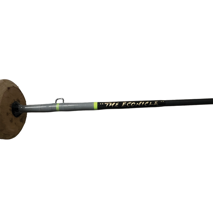 Close-up image of the Thorne Bros Custom Ice Rod - Crappie Chronicles "The Econicle" showing detailed craftsmanship on the black rod with metallic and green accents.