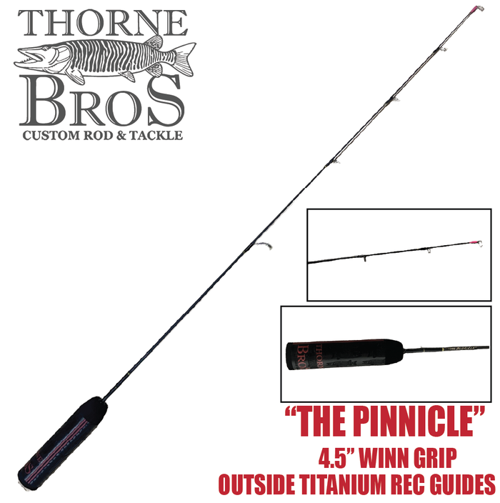 Thorne Bros Custom Ice Rod - Crappie Chronicles "The Pinnicle" features a slim, black design with a 4.5-inch Winn foam grip and outside titanium rod guides ideal for ice fishing.