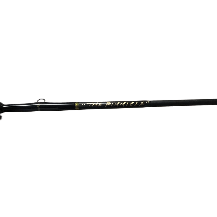 Thorne Bros Custom Ice Rod - Crappie Chronicles "The Pinnicle" features a sleek black design with gold lettering, designed for precision ice fishing with durable materials.
