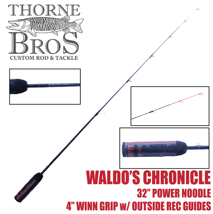 Thorne Bros Custom Ice Rod - Crappie Chronicles "Waldo" featuring a 32-inch power noodle with red tip, 4-inch Winn grip, and outside recreational guides, designed for ice fishing precision.