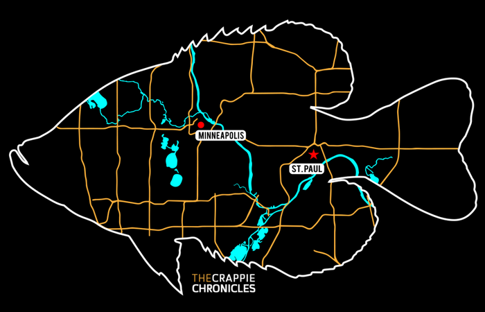 Map design of Minneapolis and St. Paul outlined within a fish silhouette with waterways and roads, branded with "The Crappie Chronicles" for Thorne Bros Custom Ice Rod - Crappie Chronicles "Waldo".