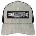 Front view of a gray and black mesh cap featuring a rectangular patch with a detailed black and white musky fish illustration and the text Thorne Bros. Legacy Mid-Pro Large Musky Patch on the front panel.