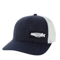 Thorne Bros. Legacy Mid-Pro Small Rubber Musky hat featuring a navy front and bill with white mesh back and a patch displaying a musky fish design.
