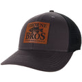 Dark gray and black mesh trucker hat with a brown leather patch featuring a fish graphic and the text Thorne Bros, Custom Rod & Tackle, associated with Thorne Bros. Legacy Mid-Pro Smallmouth Bass fishing gear.