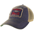 Thorne Bros. Musky Old Favorite Legacy Trucker Hats featuring a vintage-style navy front with embroidered logo patch and beige mesh back for breathability and comfort.