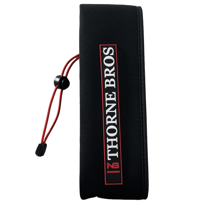 Thorne Bros. Neoprene Musky Rod Sleeves in black with red drawstring, designed to protect fishing rods and tackle during transport and storage.