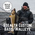 A man holding walleye, sitting on a boat, with a text overlay that reads 'Build Your Own Stealth Custom Bass/Walleye'.
