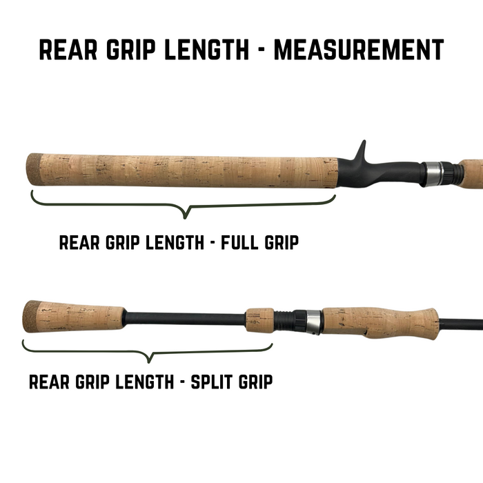 Close-up image showing two types of rear grip lengths measurements on Thorne Bros Stealth Bass/Walleye Rods - Custom, featuring cork handles with full and split grip styles.