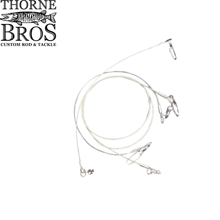 Thorne Brothers Leaders fishing leaders with clear, durable monofilament line and multiple metal clips and swivels for secure attachment, ideal for musky fishing tackle.