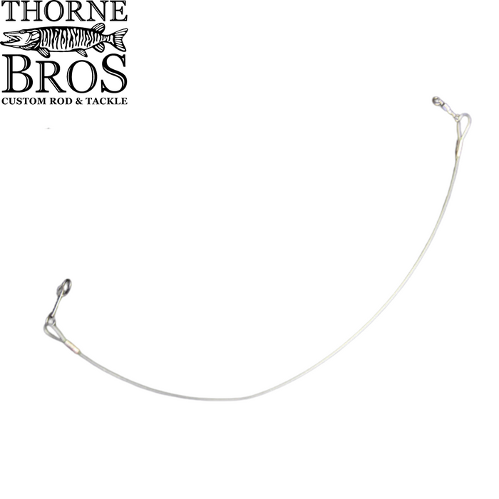 Thorne Brothers Leaders featuring a clear, durable fishing leader wire with metal loops on both ends designed for connecting fishing tackle and enhancing catch strength.