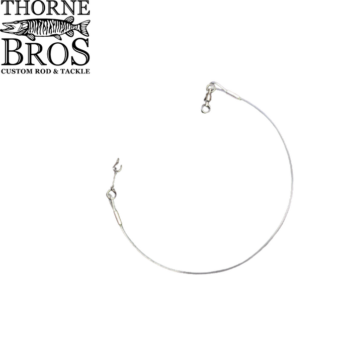 Thorne Brothers Leaders fishing tackle featuring a durable steel leader with swivel and snap connectors for secure rigging, designed for musky and other large fish species.