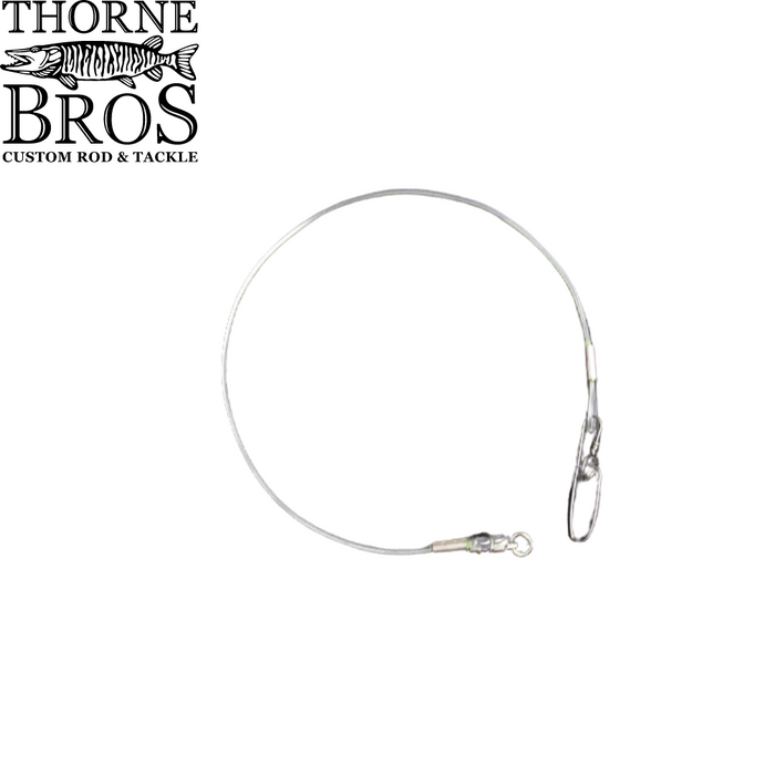 Thorne Brothers Leaders fishing leader made of durable steel wire with a swivel and snap, designed for heavy-duty fishing tackle and musky fishing applications.
