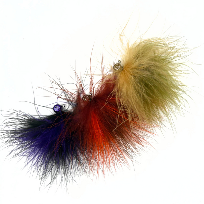 Three Thorne Brothers Marabou Jig - Eco fishing lures in green, red, and purple with fluffy feather construction and metal jig heads designed for fishing tackle.