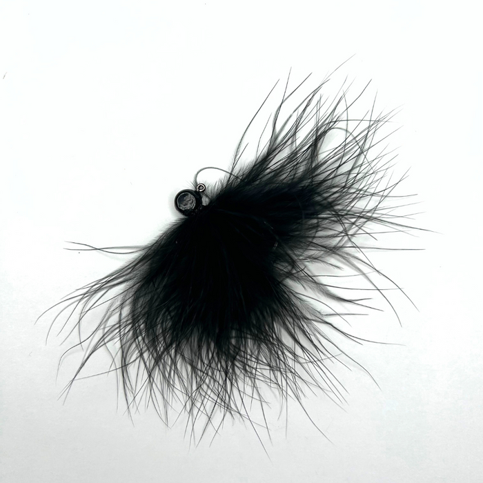 Thorne Brothers Marabou Jig - Eco featuring a black marabou feather jig head designed for fishing tackle use, ideal for attracting fish with its lifelike movement.