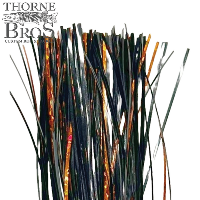 Thorne Brothers Pre-Tied Tinsel Skirt-Blended Tinsel showing thin strands of black and copper-colored reflective fishing tackle material designed for musky fishing lures.