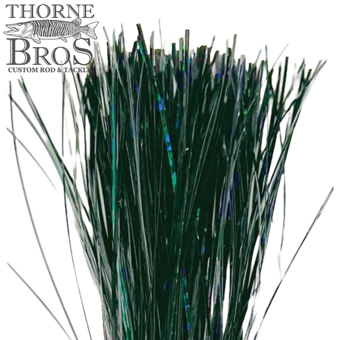 Thorne Brothers Pre-Tied Tinsel Skirt-Blended Tinsel fishing lure skirt featuring shiny, thin strands in dark green and blue shades, designed for enhancing fishing tackle appearance.