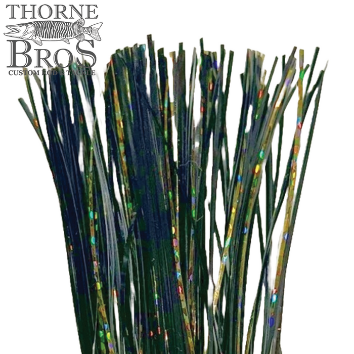 Thorne Brothers Pre-Tied Tinsel Skirt-Blended Tinsel showing dark and iridescent strands designed for use in fishing tackle and lures.