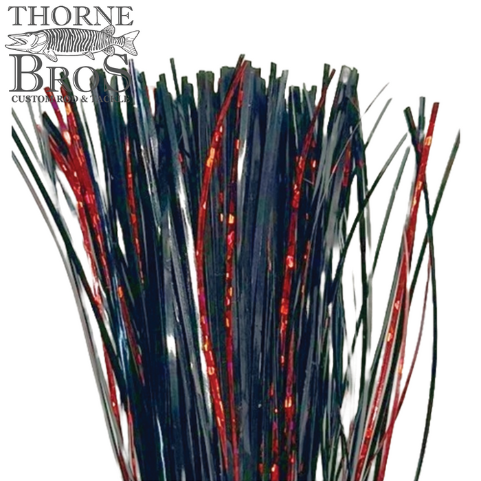 Thorne Brothers Pre-Tied Tinsel Skirt-Blended Tinsel featuring mixed black and red strands with shiny accents, designed for fishing tackle and lure customization.