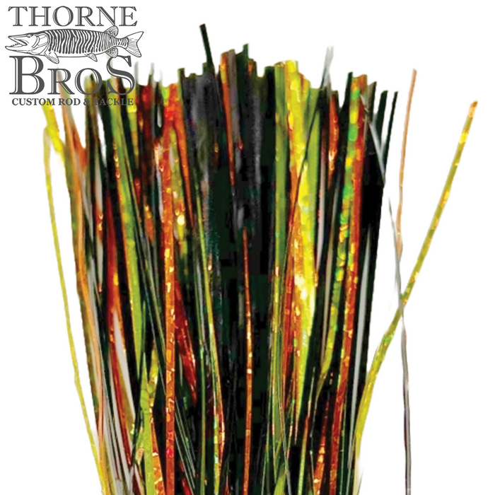 Thorne Brothers Pre-Tied Tinsel Skirt-Blended Tinsel in green, orange, black, and gold hues, designed for fishing lures to enhance attraction in musky and fly fishing tackle.