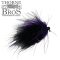 Thorne Brothers Tungsten Marabou Jig featuring a detailed black and purple marabou feather design with a tungsten weighted hook, ideal for fishing tackle and lures.
