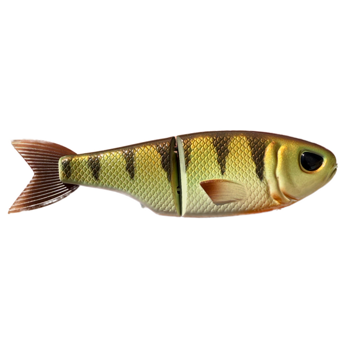 Throwback Swimbaits Metro Glide fishing lure designed to mimic a small fish with segmented body and realistic yellow-green scales for effective fishing tackle.