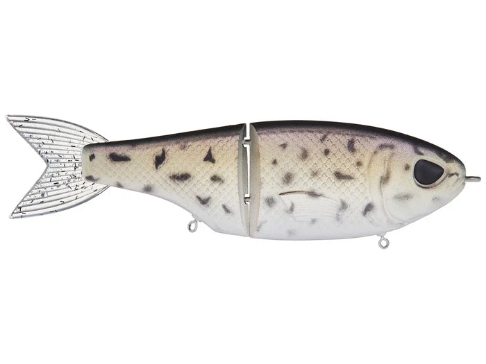 Throwback Swimbaits Metro Glide segmented fishing lure designed to mimic a small fish with natural colors and detailed tail for realistic swimming action.