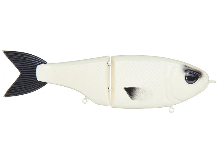Throwback Swimbaits Metro Glide fishing lure designed to imitate a small baitfish, featuring a segmented white body with textured scales and a black tail for realistic swimming action.