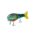 Throwback Swimbaits Wake Walker LT fishing lure with segmented green and yellow body, detailed scales, and two sharp treble hooks for effective fishing tackle.