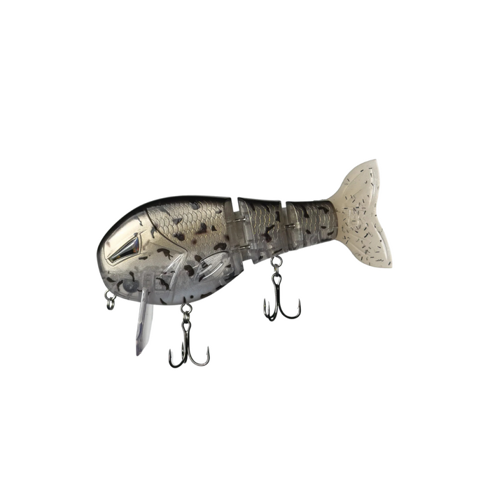 Throwback Swimbaits Wake Walker LT fishing lure designed to mimic a swimming fish with segmented body, realistic scale pattern, and equipped with two sharp treble hooks.