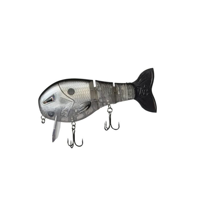 Throwback Swimbaits Wake Walker LT is a segmented fishing lure designed to mimic a swimming fish with detailed scales, two treble hooks, and a black tail for effective fishing tackle use.