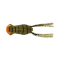 Tiemco Armor Chugger Frog fishing lure designed to imitate a frog with an olive green body, black stripes, orange mouth, and multiple flexible legs for realistic movement.