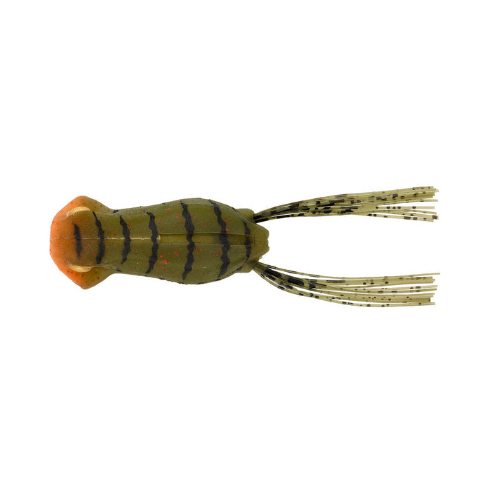 Tiemco Armor Chugger Frog fishing lure designed to imitate a frog with an olive green body, black stripes, orange mouth, and multiple flexible legs for realistic movement.