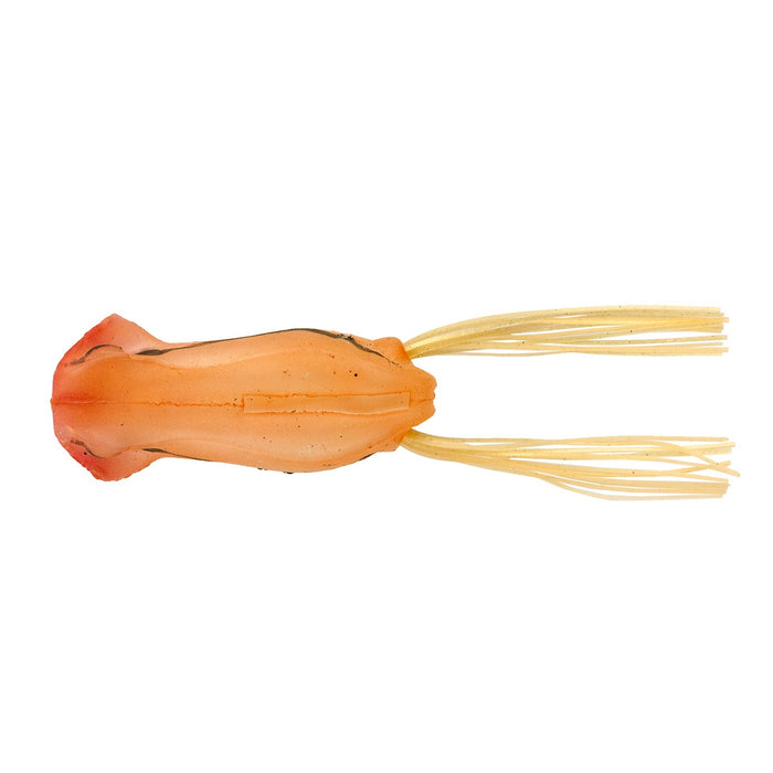Tiemco Armor Chugger Frog fishing lure in translucent orange with soft body and flexible yellow rubber skirt designed to mimic a frog for effective fishing tackle use.