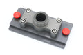 TKI ROD HOLDER BASE Flat Base With Cisco/Traxstech Plate in gray with a central circular mount and two red locking knobs on either end, designed for securing fishing rods.