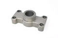 Close-up of a metal TKI ROD HOLDER BASE Flat Base with threaded central hole and four mounting holes, designed for secure attachment in fishing rod setups.